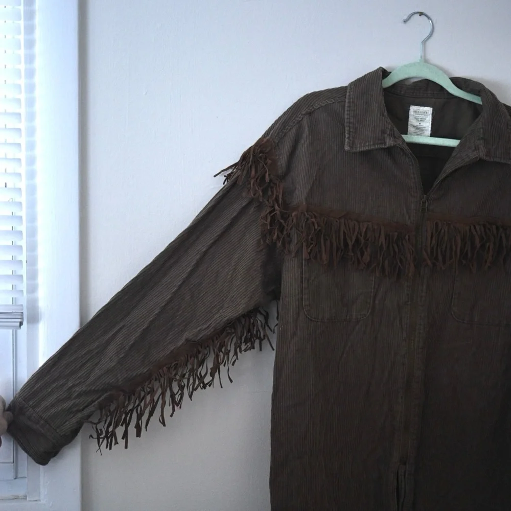 Vintage 90’s Old Navy Brown Fringe Zipped Corduroy Jacket Size M(men’s) Y2K Boho - Picture 3 of 10